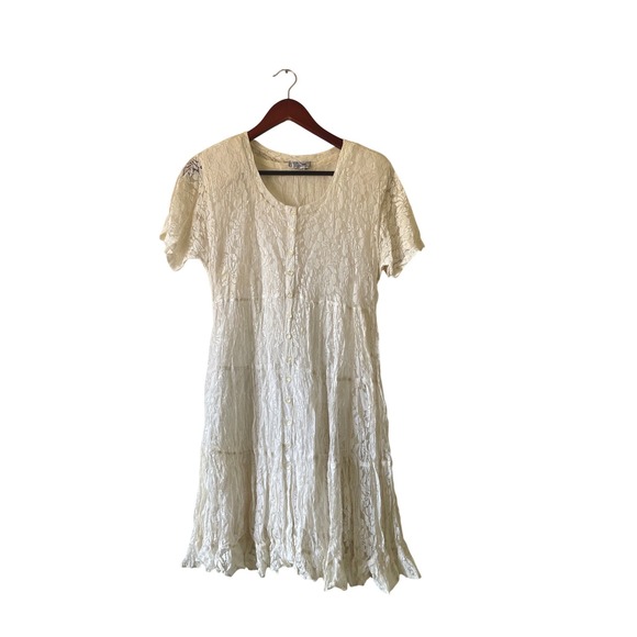 Nostalgia Dresses & Skirts - Nostalgia Cream Floral Lace Tiered Button‎ Front Midi Dress Womens Small Rayon
